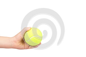 Kid hold tennis ball in hand, isolated on white background. copy space template