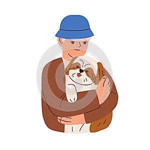 Kid holding, hugging cute dog. Child and puppy friends portrait. Boy, pet owner and home canine animal, doggy companion