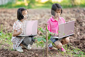 Kid holding laptop and looking vegetable plant in garden