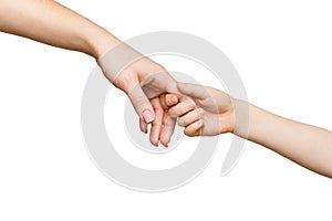 Kid holding mother`s finger, isolated on white
