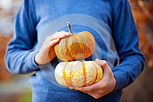 Kid holding pumpkins