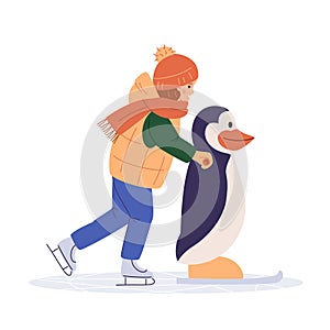 Kid ice skating with skating helper penguin. Child skates training aid. Winter season sport activity for kids. Young girl in