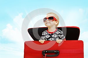 Kid inside Suitcase, Child Looking out Travel Luggage Happy Baby