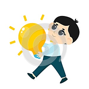 Kid Inventors Day.A cute boy carries a huge yellow light bulb as a symbol of invention and research.