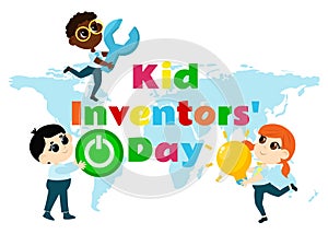 Kid Inventors Day. Cute boy and girl with light bulb and wrench and turn on button and text Children\'s Invention Day.