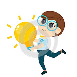 Kid Inventors Day. A cute boy runs with a huge yellow light bulb in his hands as a symbol of invention and research.