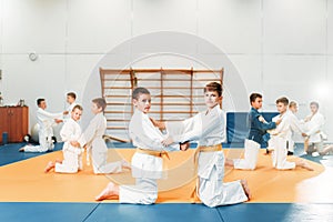 Kid judo, children on fight training, martial art