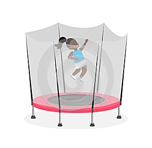 Kid jumping on trampoline. Children leisure, kids zone, active rest for little girl and boy