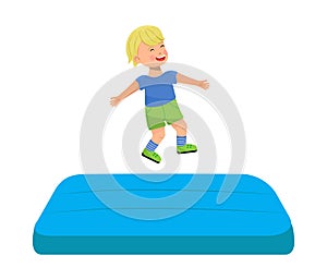 Kid jumping on trampoline. Children leisure, kids zone, active rest for little girl and boy