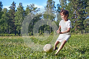 Kid kicking a soccer ball on the field