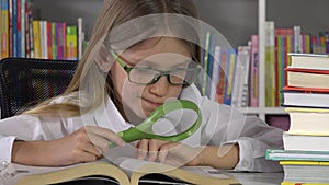 Kid Learning in Class, School Child Reading Book, Studying at Library, Eyeglasses Student Girl in Classroom, Children Education