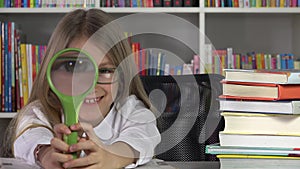 Kid Learning in Class, School Girl Reading Book, Studying at Library, Eyeglasses Student Child in Classroom, Children Education