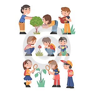 Kid Learning about Plants Set, Cute Little Boys and Girls Looking at Flowers and Trees in Garden Cartoon Vector