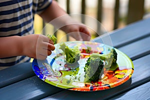 kid leaving behind uneaten broccoli on a colorful dinner plate