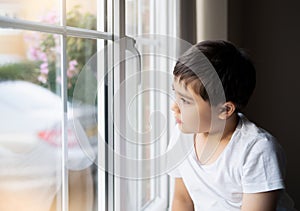 Kid looking at the midge climbing up outside of double glazed window. Young boy sitting next to window looking out at insect with