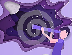 Kid is looking the stars with telescope. Universe discovery vector concept in paper art style. Origami paper cut design.