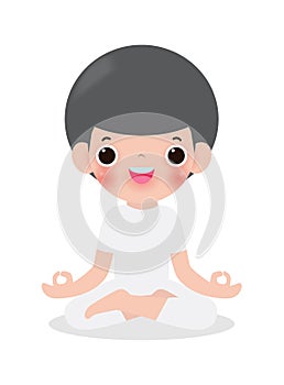 Kid meditating in lotus pose. Cute cartoon children yoga and meditation vector illustration in flat style