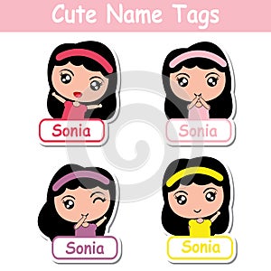 Kid name tags vector cartoon with cute colorful girls suitable for children name tags