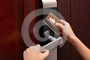 Kid opening an electronic door lock