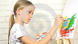 Kid Painting on Easel, School Child in Workshop Class, Teenager Girl Working Art Craft