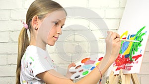 Kid painting on easel, school child in workshop class, teenager girl working art craft, children education