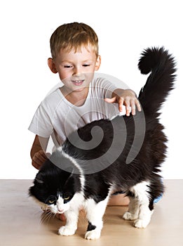 Kid pats a cat