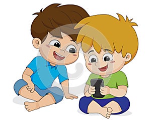 Kid play phone with friend.