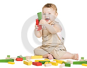 Kid Play Toys Blocks, Child Playing Toy on White