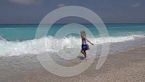 Kid Playing on Beach, Child Running in Sea Waves, Girl Watching Blue Waves on Coastline in Summer Vacation