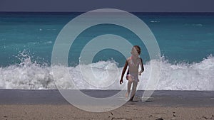 Kid Playing on Beach, Child Watching Sea Waves, Girl Running on Coastline in Summer Vacation