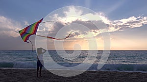 Kid Playing on Beach on Seashore, Child Flying Kite at Sunset on Ocean, Girl on Coastline in Summer Vacation, Sea Waves at Sundown