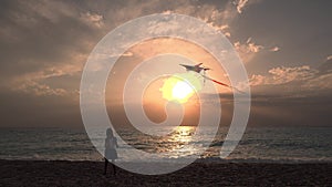 Kid Playing on Beach on Seashore, Child Flying Kite at Sunset on Ocean, Happy Little Girl on Coastline