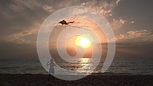 Kid Playing on Beach on Seashore, Child Flying Kite at Sunset on Ocean, Little Girl on Coastline in Summer Vacation