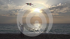 Kid Playing on Beach on Seashore, Child Flying Kite at Sunset on Ocean, Little Girl on Coastline in Summer Vacation