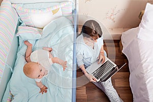 Kid playing in bed, mum pajamas works with the laptop I got close to the child in the room. A busy mom.