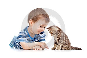 Kid playing with cat pet