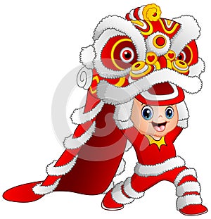 Kid playing chinese dragon dance