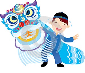 Kid playing the Chinese lion dance