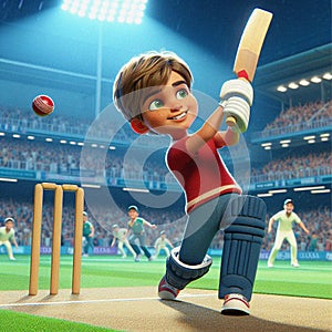 Kid playing Cricket in action of batting in stadium