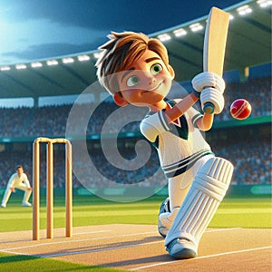 Kid playing Cricket in action of batting in stadium