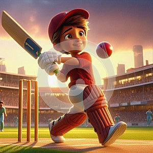 Kid playing Cricket in action of batting in stadium