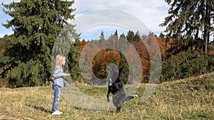 Kid Playing with Dog in Park, Child Feeding a Puppy on Meadow, Girl Plays with Pet in Mountains, Children Love Domestic Animals