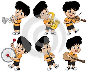 Kid playing musical instruments such as trumpet,saxophone,violin,drum,clarinet and guitar.