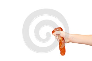 kid playing orange slime with hand, transparent toy