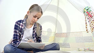 Kid playing tablet in playroom, child writing homework for school, teenager girl studying playground, children education