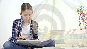 Kid Playing Tablet in Playroom, Child Writing Homework for School, Teenager Girl Studying Playground, Children Education