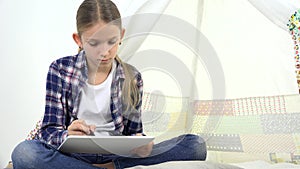 Kid Playing Tablet in Playroom,Child Writing Homework for School,Teenager Girl Studying Playground,Children Education