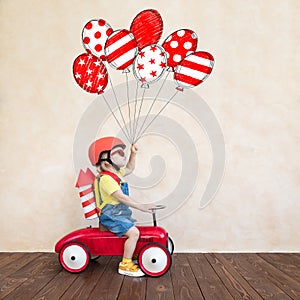 Kid playing with toy rocket at home