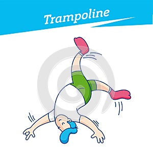 Kid playing on trampoline in a fun pary. Happy young boy jumping, wearing socks. Vector illustration