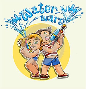 Kid playing water gun illustration
